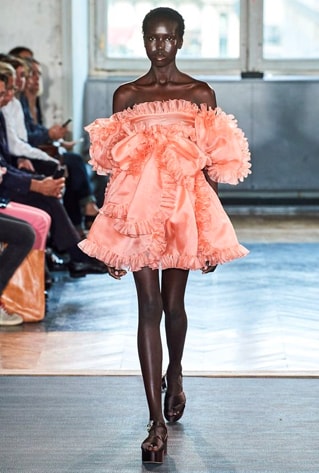 peach coloured ruffled dress