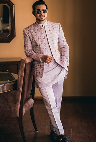 Lavender hand embroidered short Jacket set. Paired with lavender trousers.