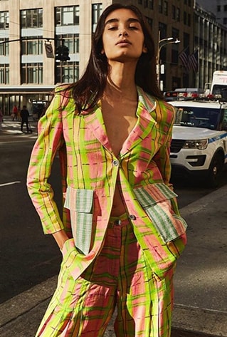 Digitally printed blazer with patch pockets and trouser with knife pleats and side pockets.