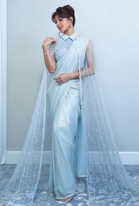 Jacqueline Fernandez in a Blue Cape Set by Mala Kinnary