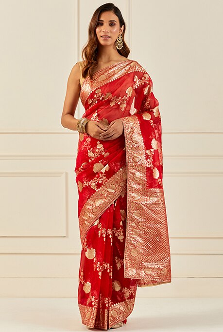 Red Organza Handcrafted Banarasi Saree Set