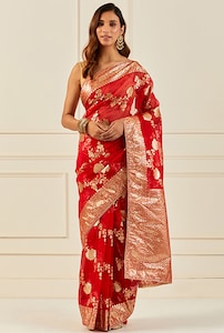 Red Organza Handcrafted Banarasi Saree Set