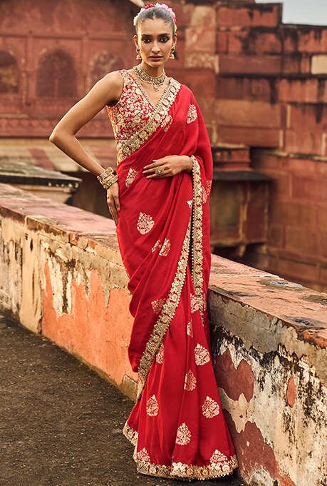 Red Pre-Draped Saree by Lashkaraa