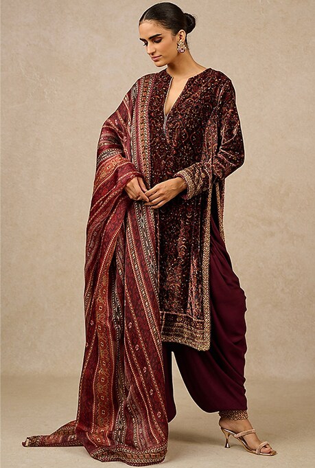 Wine Velvet Embroidered Kurta Set