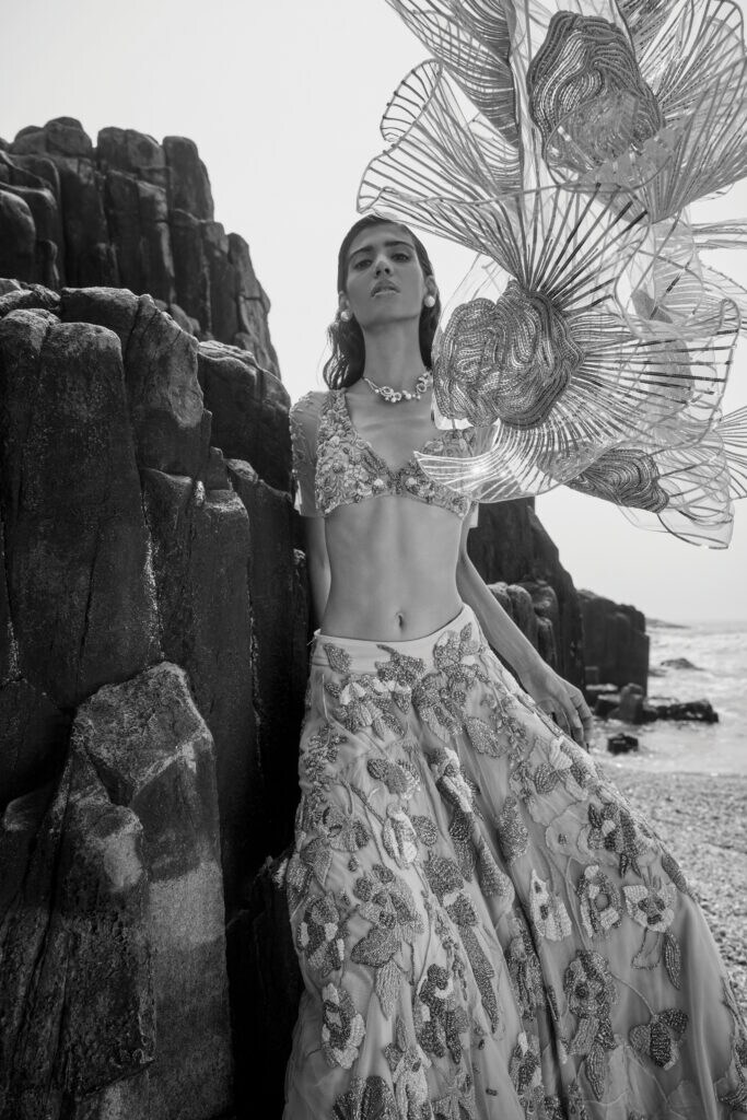 The Little Black Bow - Lilac Organza Embroidered Lehenga Set