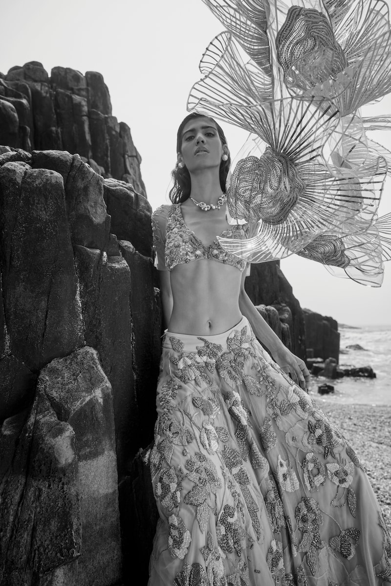 The Little Black Bow - Lilac Organza Embroidered Lehenga Set