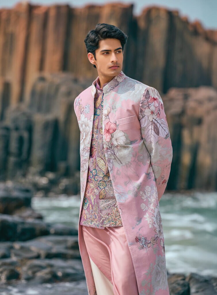 Varun Bahl Men wishlist Pink Velvet Floral Printed Indo-Western Set