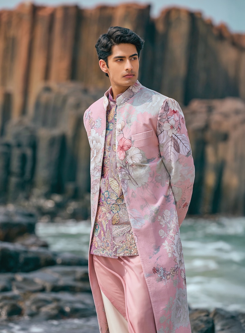 Varun Bahl Men wishlist Pink Velvet Floral Printed Indo-Western Set