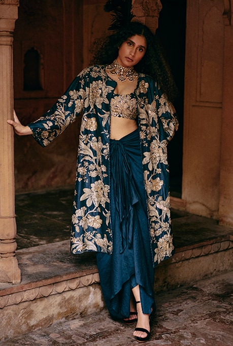 Paulmi & Harsh - Blue Silk Embroidered Jacket Set