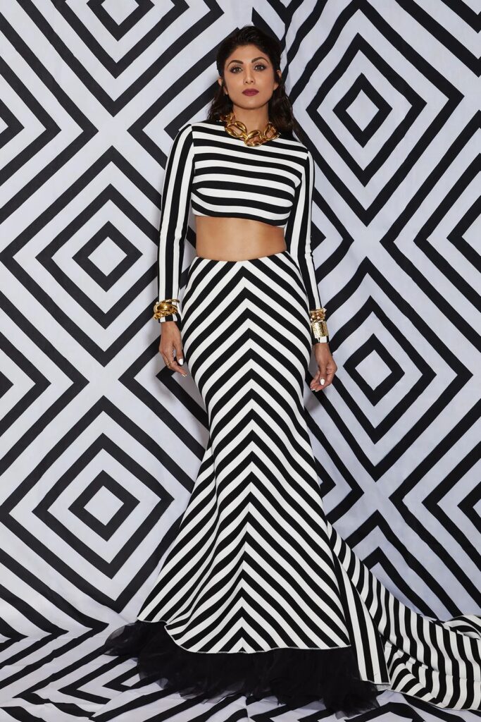 Shilpa Shetty in Striped Crop Top and Mermaid Skirt by Gauri & Nainika