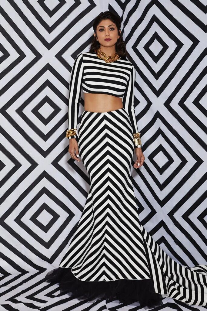 Shilpa Shetty in Striped Crop Top and Mermaid Skirt by Gauri & Nainika