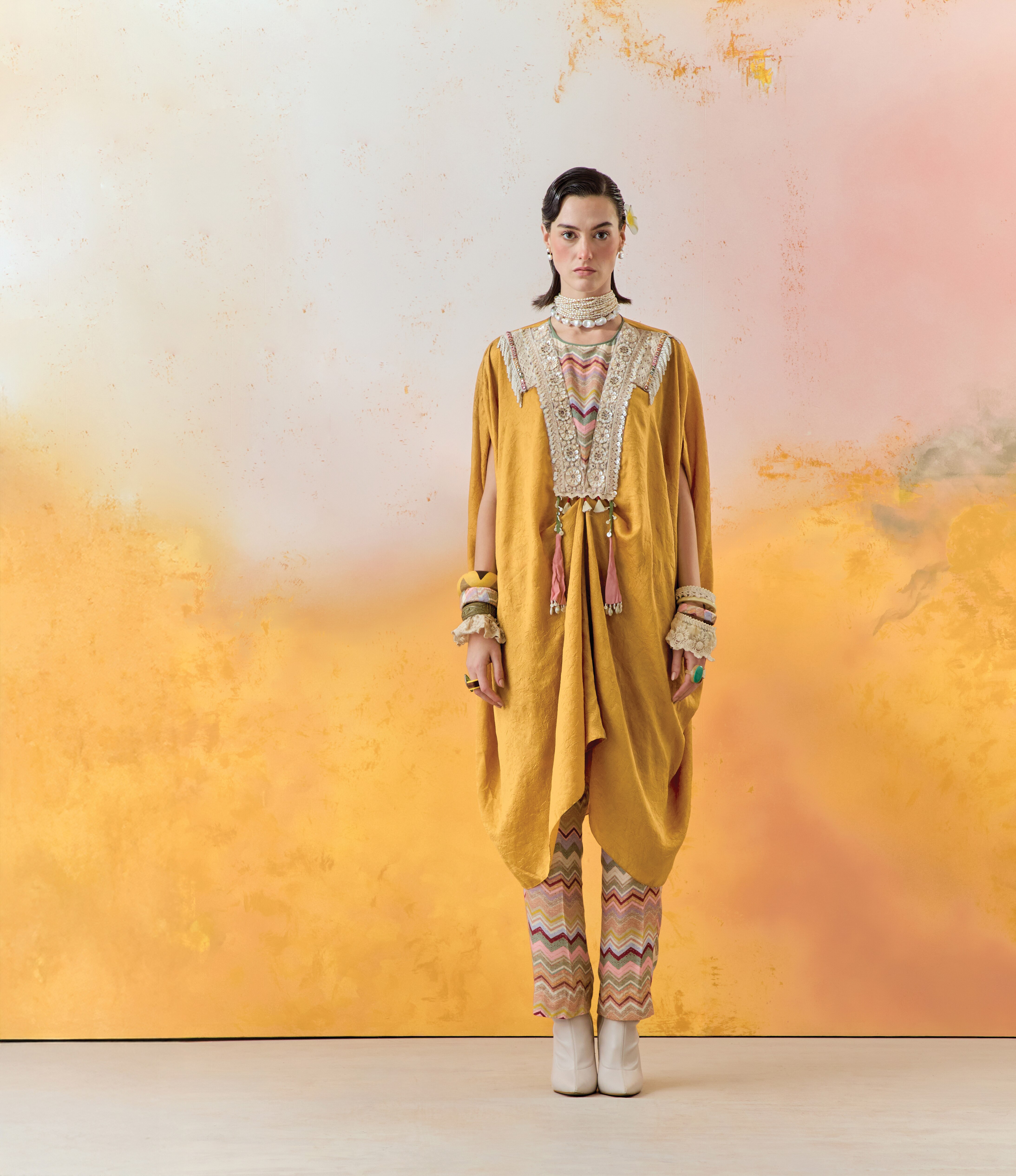 Aseem Kapoor - Yellow Crushed Silk Embroidered Tunic Set