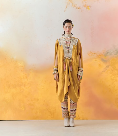 Aseem Kapoor - Yellow Crushed Silk Embroidered Tunic Set