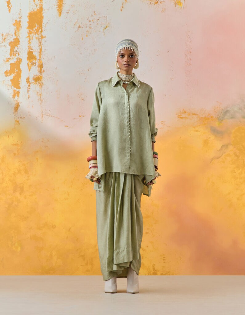 Aseem Kapoor - Jade Green Crushed Silk Bead Work Shirt