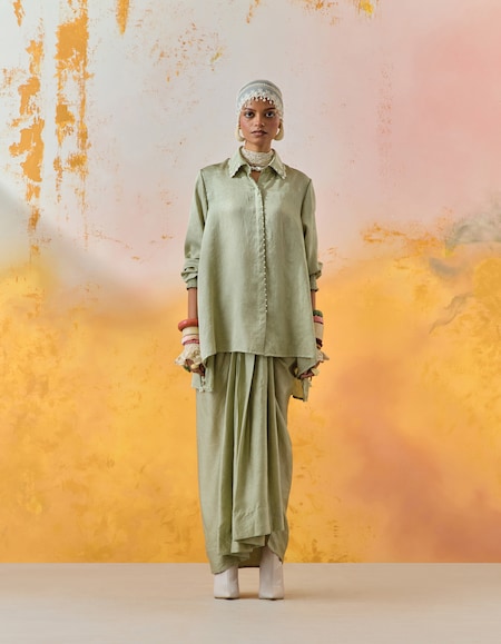 Aseem Kapoor - Jade Green Crushed Silk Bead Work Shirt