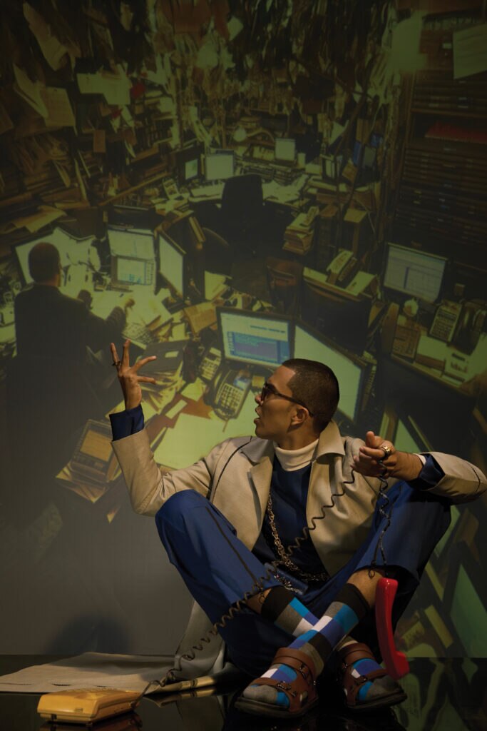 On Raghavendra: Dash and Dot (blue co-ord set), Raasa (yellow trench coat), Dhruv Vaish (grey trench coat), Papa Don't Preach Accessories (bag).