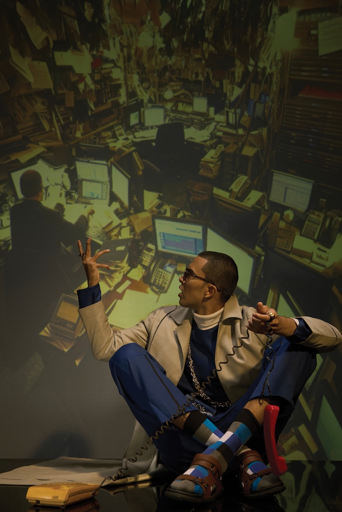 On Raghavendra: Dash and Dot (blue co-ord set), Raasa (yellow trench coat), Dhruv Vaish (grey trench coat), Papa Don't Preach Accessories (bag).