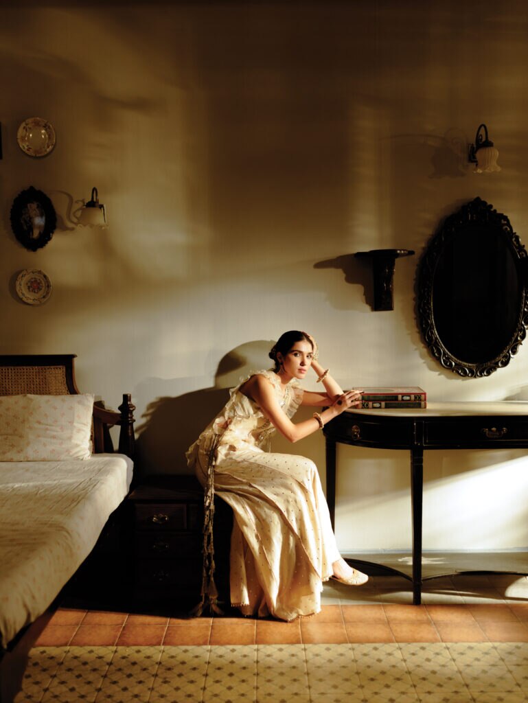 Beige Organza, Muslin Fawzia Moon And Star Zari Embroidered Long Bib Sharara Set