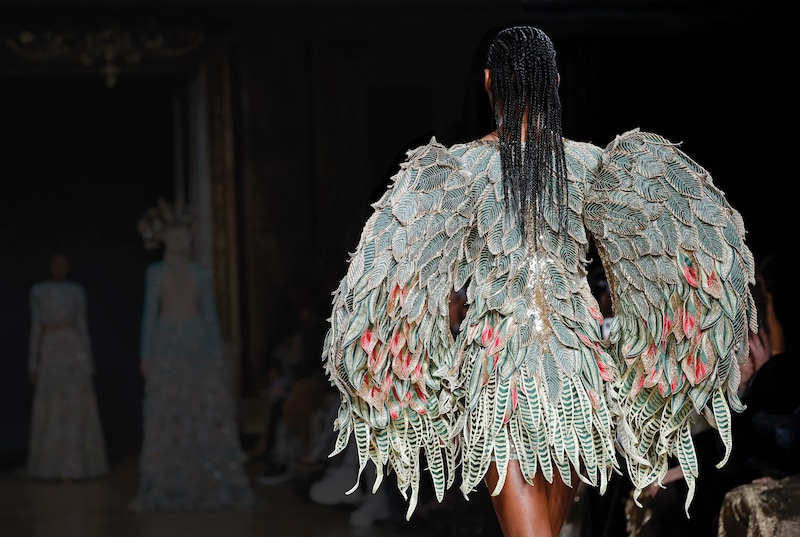 Model on the catwalk the Rahul Mishra Fashion show in Paris, Spring Summer 2023 Couture Fashion Week