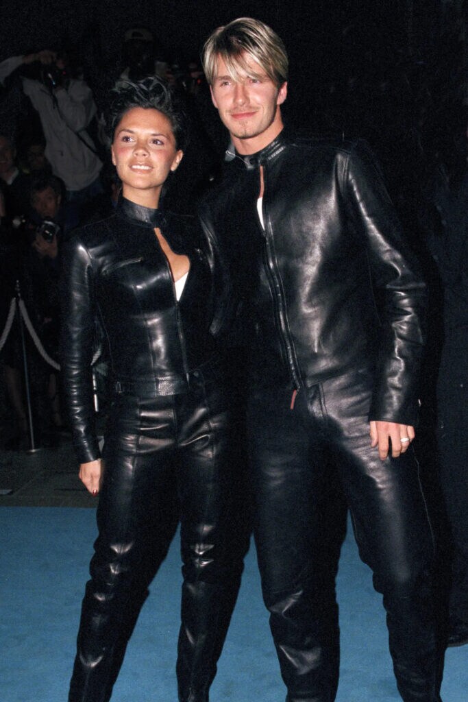 David, Victoria Beckham laugh over leather faux pas