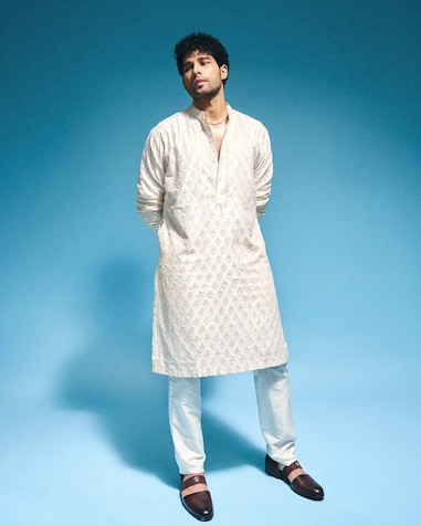 Chic White Embroidered Kurta Set Designed by Anita Dongre and worn by Siddhant Chaturvedi on Instagram