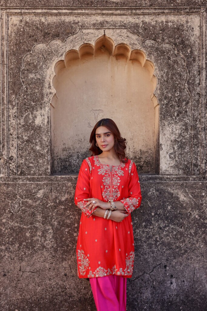Surbhi Shah - Sunset Orange Spun Silk Sequins Work Kurta Set﻿
