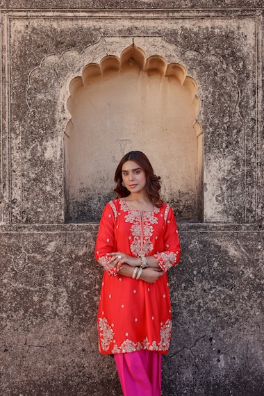 Surbhi Shah - Sunset Orange Spun Silk Sequins Work Kurta Set