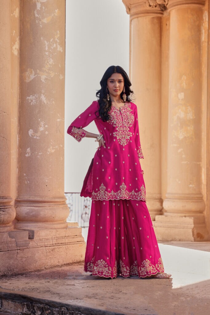 Surbhi Shah - Berry Magenta Spun Silk Sequins Work Sharara Set