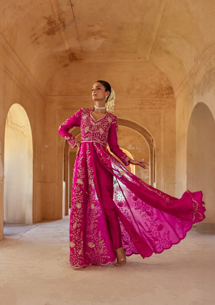 Surbhi Shah - Berry Magenta Silk Organza Marori Work Jacket Anarkali Set﻿