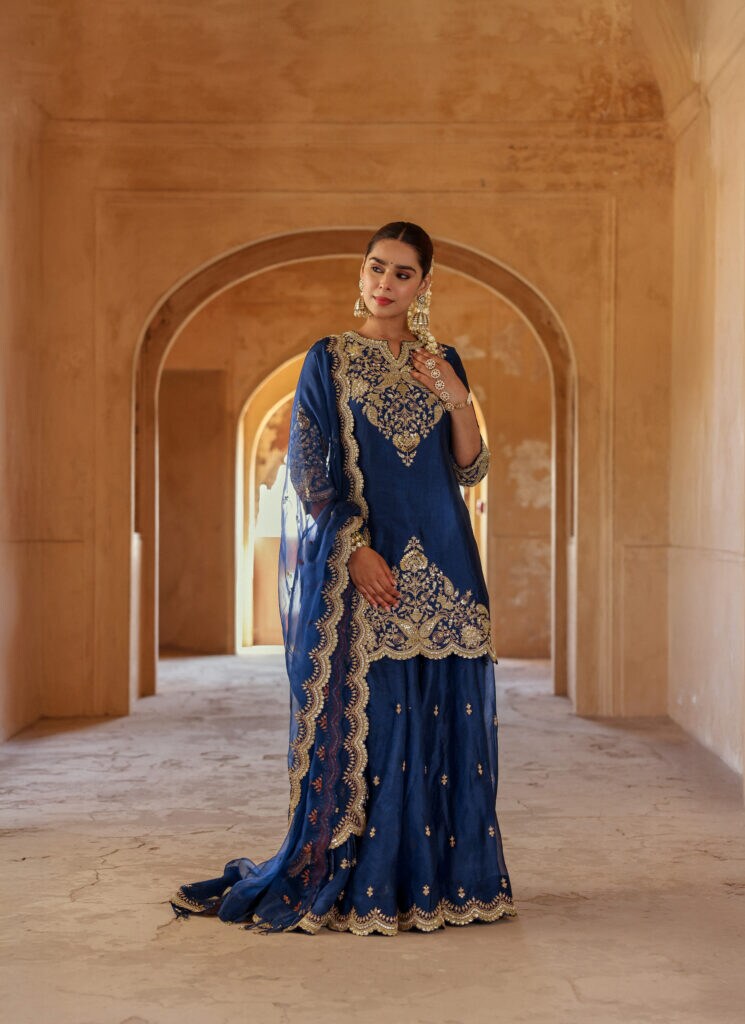 Surbhi Shah - Navy Blue Spun Silk Sequins Work Sharara Set