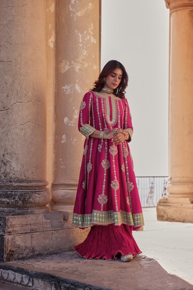 Surbhi Shah - Berry Magenta Spun Silk Marori Work Kurta Set