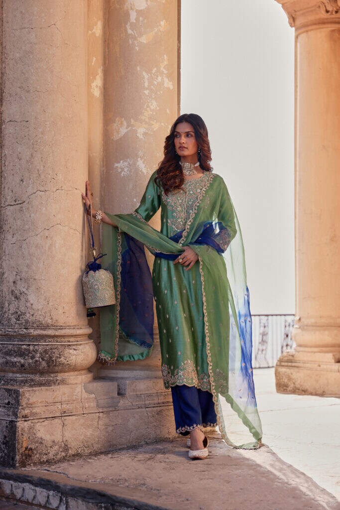 Surbhi Shah - Emerald Green Spun Silk Sequins Work Kurta Set