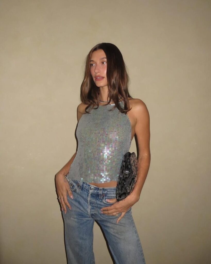 Hailey Bieber in Sequin Top