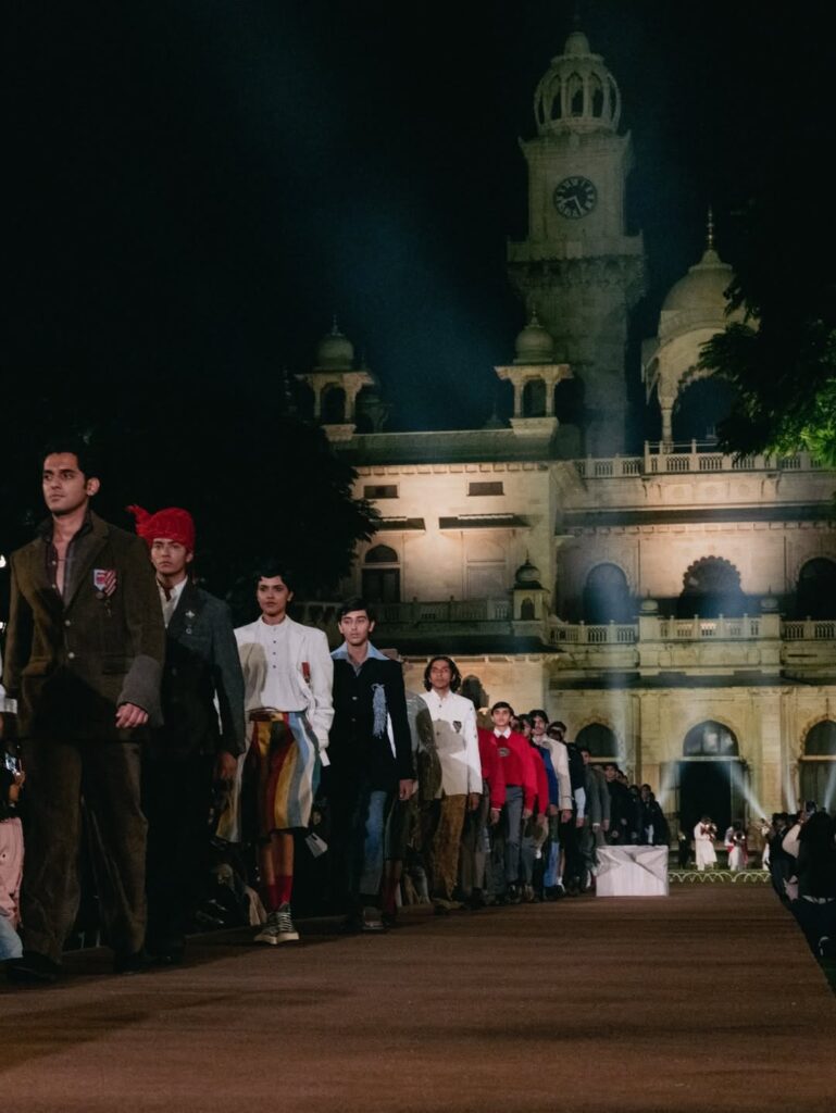 Close-up of fashion pieces made from worn linens, old curtains, discarded shirts, and pachranga tent scraps