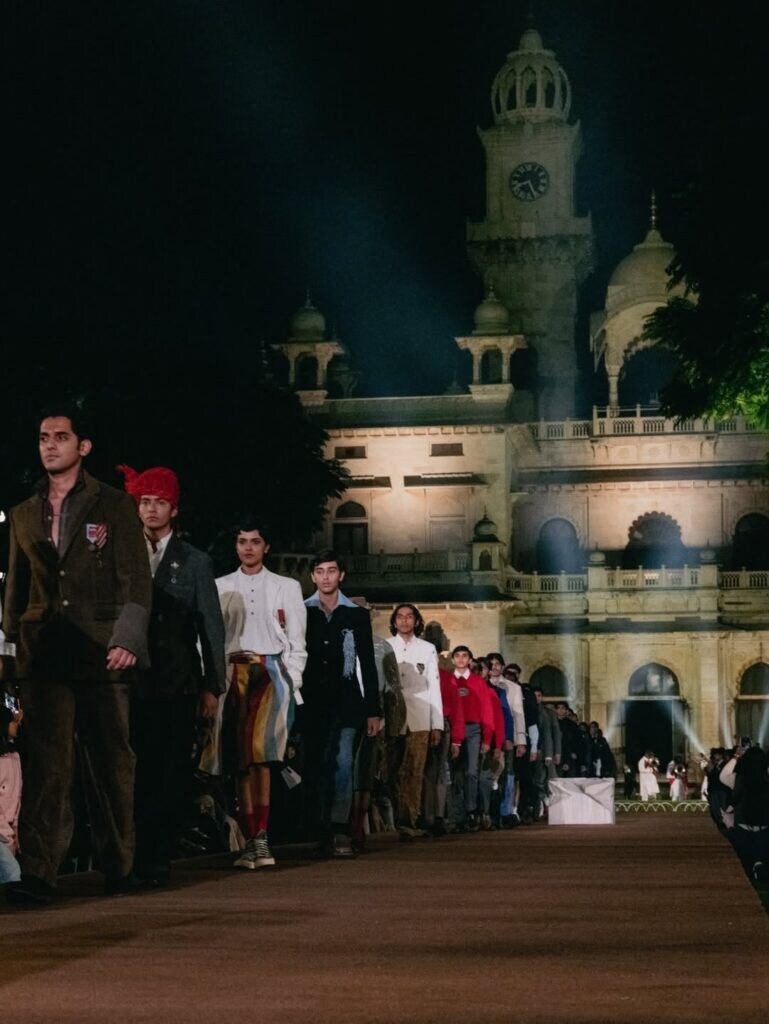 Close-up of fashion pieces made from worn linens, old curtains, discarded shirts, and pachranga tent scraps