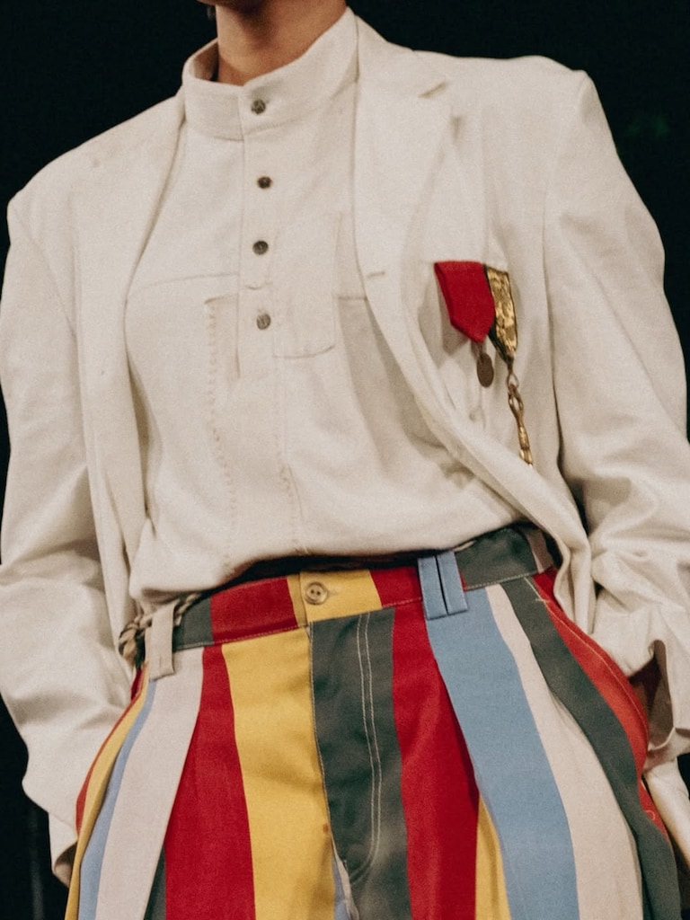 Close-up of garments created from cast-off school uniforms and historical artefacts